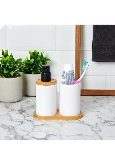 Bambu Standlı Seramik İkili Banyo Seti Gri