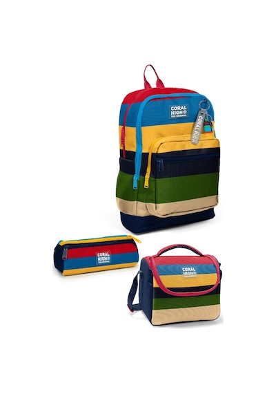 Coral High Kids Lacivert Sarı Kırmızı Çizgi Desenli 3 Lü Okul Çanta Seti Set0133212 Çok Renkli