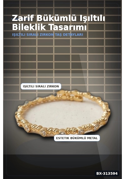 Bay Sıralı Zirkon Taşlı Pirinç Kadın Bileklik - Gold Renk Tekli Parça, Bijuteri Aksesuar Bx-313594 Najmaddin Standart