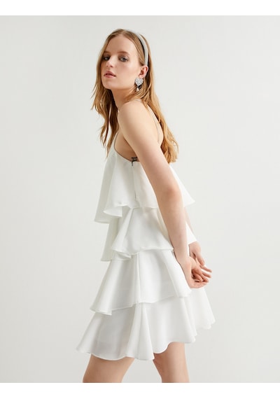 Koton Katlı Bridal Mini Elbise Halter Yaka Taş Detaylı Astarlı Beyaz 4sak80044fw Beyaz