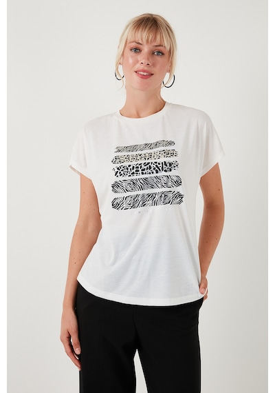 Lela Baskılı Bisiklet Yaka Regular Fit Bayan T Shirt 6671003 Ekru