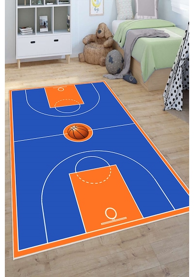 Basketbol Sahası Desenli Yıkanabilir Kaymaz Taban Çocuk Oyun Halısı Mavi