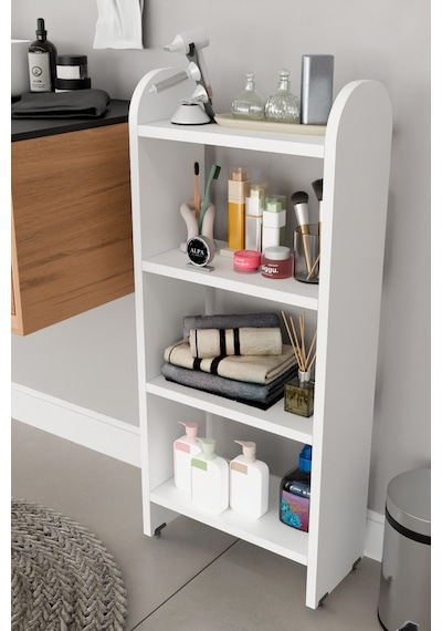 Alpaevmobilya Modern 4 Raflı Oval Kesim Banyo Düzenleyici Raf Metal Ayaklı Çok Amaçlı Raf Banyo Dolabı Açık Dolap Beyaz