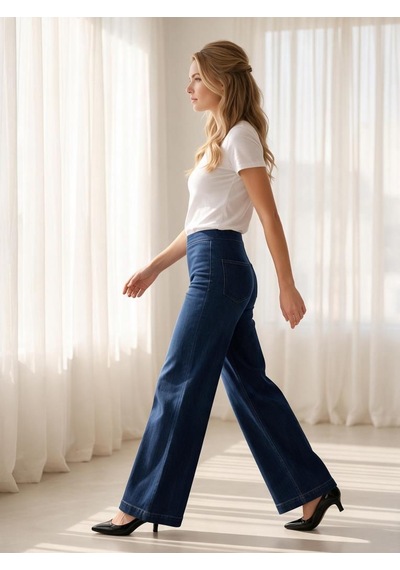 Nealirsanall.com Yüksek Bel Beli Lastikli Geniş Paça Kadın Jean Pantolon Siyah