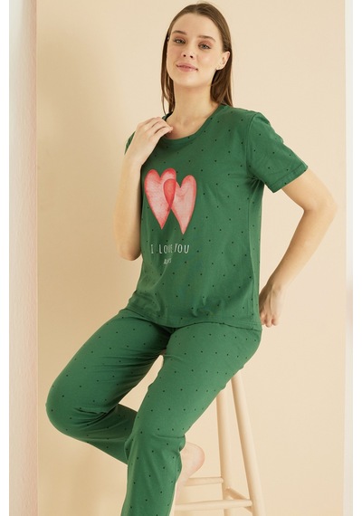 Siyah İnci Desenli Pamuklu Bisiklet Yaka Örme Pijama Takım25103223 Yeşil