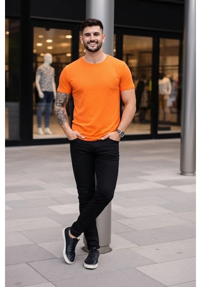Novalisse Erkek Body Tişört Bisiklet Yaka Slim Fit Likralı T-shirt - Turuncu Çoklu Renk