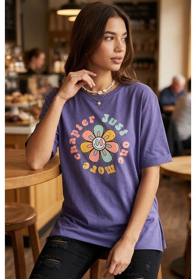 Armonika Kadın Mor Önü Çiçek Baskılı Yanları Yırtmaçlı Pamuklu T-shirt Arm-26y137003