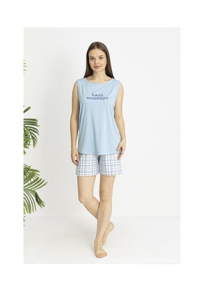 Estiva Kadın Kareli Alt Desenli Mavi Kolsuz Şortlu Penye Lycra Pijama Takımı Çok renkli