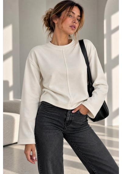 Bb Butik Basic Ön Dikiş Detaylı Basic Sweatshirt Günlük Rahat Kesim My3535 Ekru