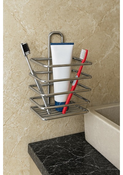 Krom Yapışkanlı Diş Fırçalık - Duvar Tipi, Çok Amaçlı Organizer - Paslanmaz Metal - Dş-01 Krom