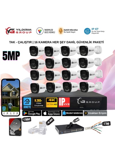 Yıldırımgroup 16 Kameralı Sesli 5mp Ip-gece Renkli Araç Ve Yüz Tanımalı Kamera Sistemi-hazır Kamera Seti