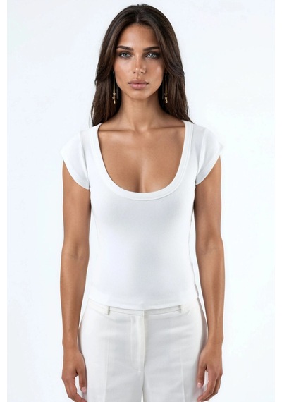 Hiccup Busem Slim Fit Ribana U Yaka Bluz Beyaz