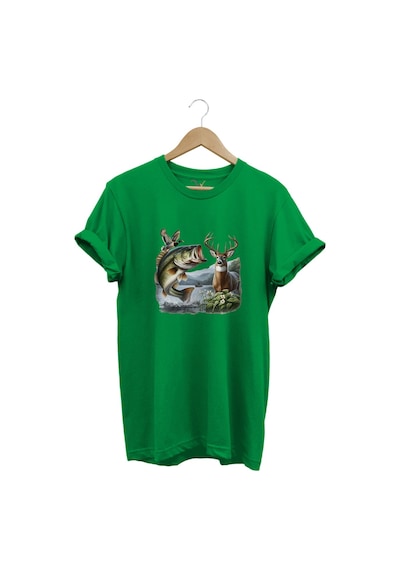 Balıkçılık Ve Avcılık Temalı Geyik, Ördek Ve Turna Balığı Baskılı %100 Pamuk Regular Fit T-shirt Yeşil