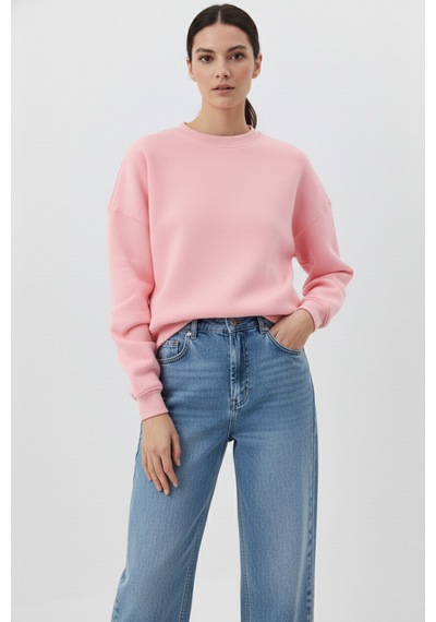 Uyguntarz Unisex Yumuşak Dokulu Düz 3 İplik Oversize Sıfır Yaka Sweatshirt Sade Ve Modern Görünüm Pembe