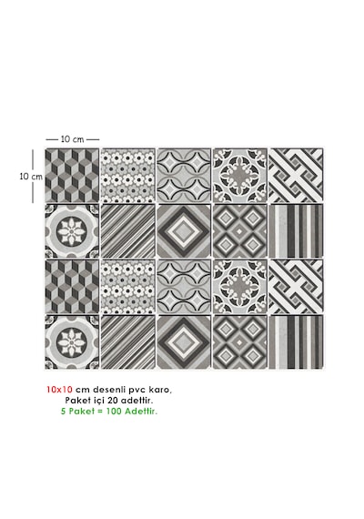 Kendinden Yapışkanlı Fas 3 Desenli Pvc Karo 10x10 Cm 5 Li Paket
