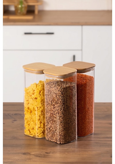 Porsima 7-3 Bambu Vakumlu Kapaklı Kare Borsilikat Cam 3lü Kavanoz Seti Saklama Kabı 1900ml 9,5x27cm Ahşap - Şeffaf