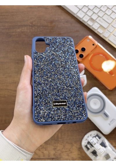 Samsung A07 Uyumlu Kadife İç Yüzey Tasarımlı Taşlı Işıltılı Parlak Pırlanta Kılıf Dia Plus Lacivert