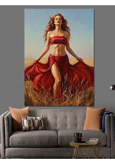 Kırmızı Elbiseli Seksi Pin-up Dekoratif Kanvas - Mdf Ahşap Tablo