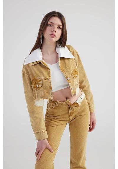 Holly Lolly Mermer Desenli Çıkarılabilir Yaka Detaylı Crop Kesim Cepli Rusted Jean Ceket Camel