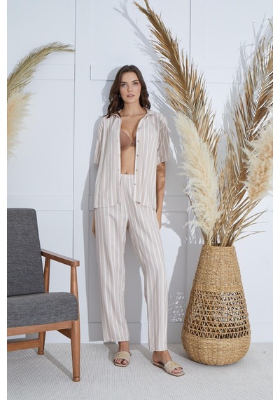 Sevim Kadın Kısa Kol Önden Düğmeli Bej Pijama Takım C6t1n951 001