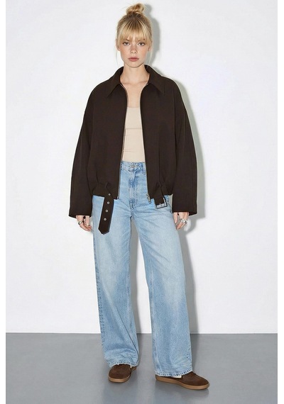 Shade Kadın Oversize Kemer Detaylı Fermuarlı Astarlı Bomber Ceket 2911 60286013 - Acı Kahve Kahverengi