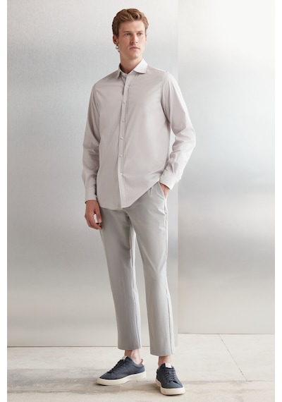 Grımelange Carlsten Erkek Slim Fit Italyan Yaka %100 Pamuk Poplin Açık Gri Gömlek