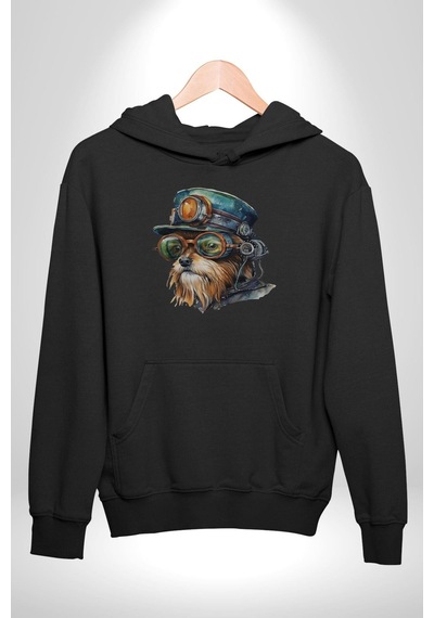 Tren Sürücüsü Gözlüklü Yorkshire Kadın Erkek Siyah Kapüşonlu Sweatshirt Hoodie Siyah