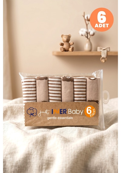 Just Inner Erkek Bebek 6'lı Pamuklu Ağız Mendili Ayıcık Ve Çizgili Desenli Kutulu Set Nefes Alan Doku 584202 Bej