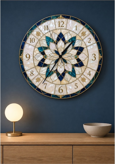 AA Shop Ve Vitray Görünümlü Dekoratif Baskılı Ahşap Duvar Saati 45 Cm Sessiz Akar Mekanizma 887 Çoklu Renkli