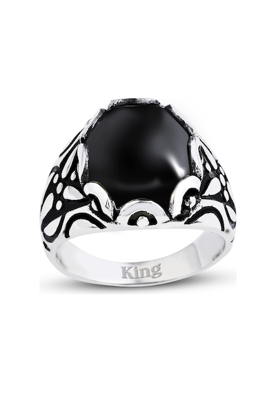 Kuyumcudukkani Düz Oval Kubbe Kesim Taşlı Gümüş Erkek Yüzük-60002-w-blk 33 Beyaz