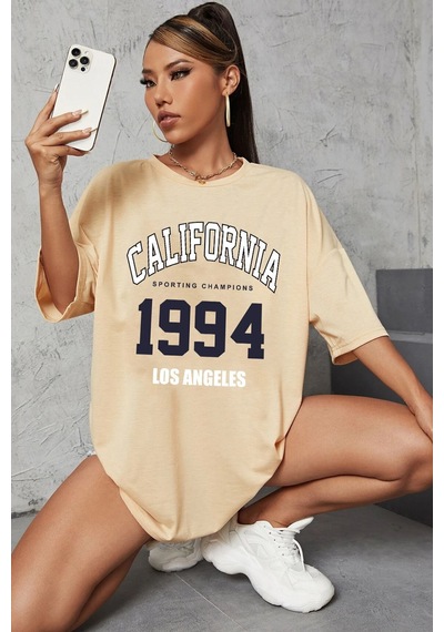 Uyguntarz Unisex California Baskılı Oversize Tshirt Bej
