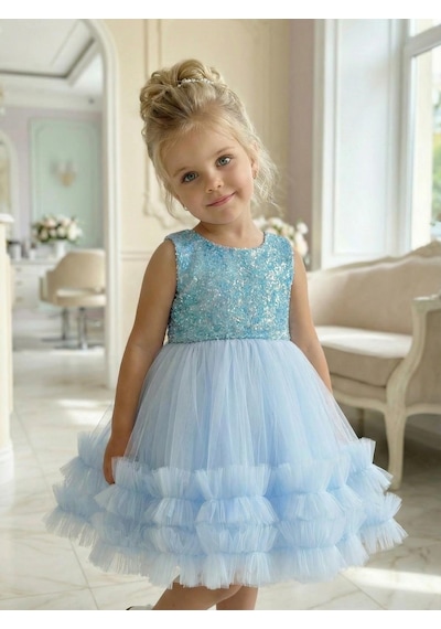 Butikhappykids Kız Çocuk Mavi Payetli Volanlı Tüllü Prenses Abiye Elbise 1-6 Yaş Mavi