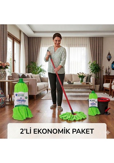 Wikro Desenli Kumaş İz Bırakmaz Mikrofiber Tüm Viledalar İle Uyumlu Mop Ucu İ 2'li Set Karışık