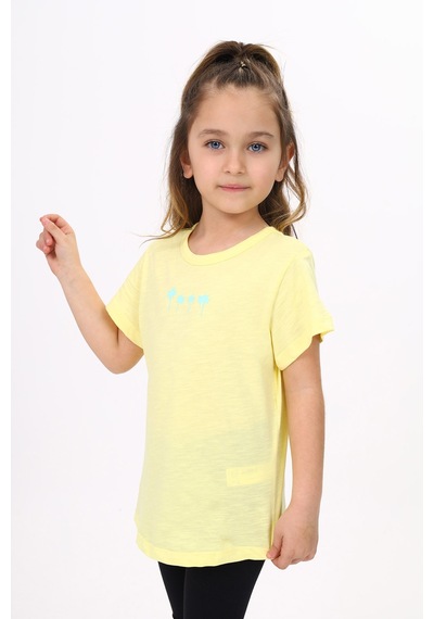 Toontoy Kids Toontoy Kız Çocuk Baskılı Bisiklet Yaka Kısa Kollu Tişört Açık Sarı