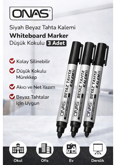 Onas Siyah Beyaz Tahta Kalemi Whiteboard Marker Düşük Kokulu 3 Adet Diğer