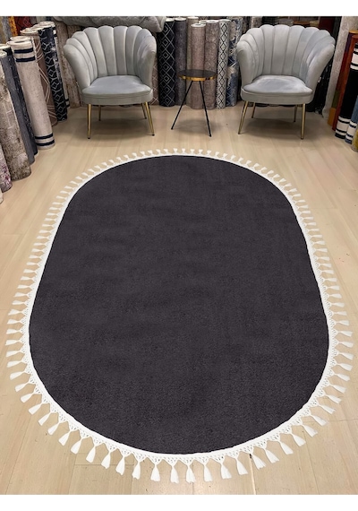 Vl Oval Comfort Overloklu Peluş Halı Beyaz Saçaklı Oval Antrasit