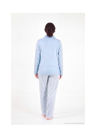 Lela Çizgili Yumuşak Kışlık Polar Pijama Takımı Kadın Pijama Takımı 6575030 Mavi