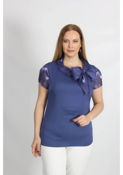 Moda Berray 3176 Yakası Fiyonk Detaylı Saten Bluz Lacivert Lacivert