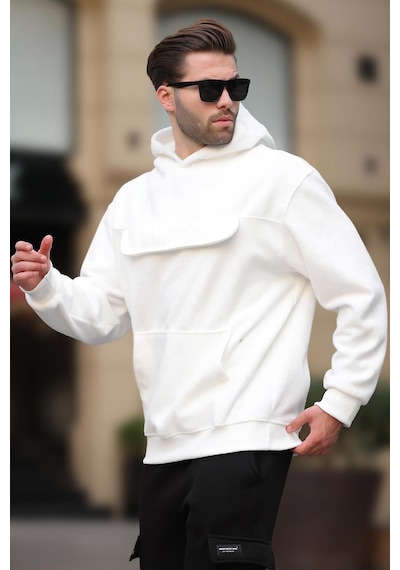 Madmext Ekru Kapüşonlu Kapaklı Cep Detaylı Polar Erkek Sweatshirt 7097 Ekru