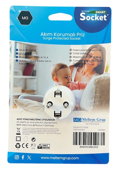 Smart Socket Tekli Akım Korumalı & Çocuk Korumalı Priz