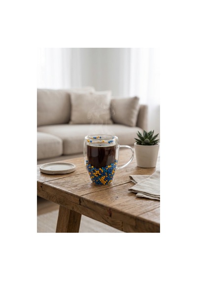 Makri Home Çift Cidarlı Sarı Lacivert Cam Kupa 350 Ml Isıya Dayanıklı Çok Renkli