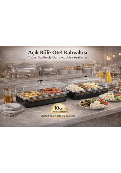 Polikarbon Gn 1/1 Fanus Kapaklı Derin Servis Küveti 32.5x53 Cm 10 Cm Alt Hazne Şeffaf
