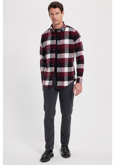 Tudors Erkek Slim Fit Dar Kesim Kareli Kışlık Oduncu Gömlek-42327 Bordo