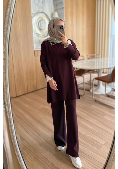 Ka Hijab Kolu Tüllü Merserize Takım - Mürdüm