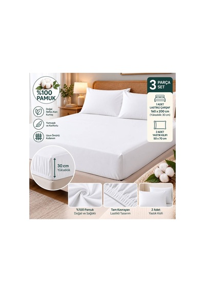 Slc Home %100 Pamuk Kumaş 160 X 200 Cm Lastikli Çarşaf 2li Yastık Kılıflı Dahil Çift Kişilik 3lü Set Beyaz - 939639330 Beyaz