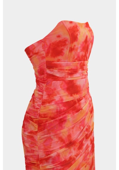 Açelyaokcu Straplez Batik Desen Korsajlı Mini Kadın Elbise Multi Color