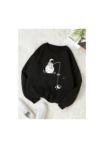 Medinenur Astronot Baskılı 2 İplik Şardonlu Bisiklet Yaka Swatshirt Siyah
