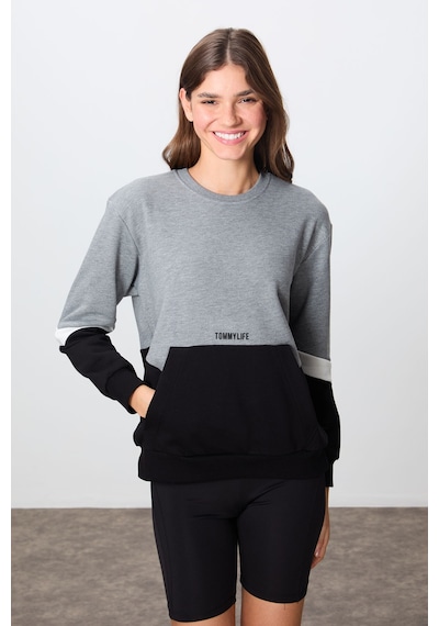 Tommy Life Gri Melanj Kompakt Pamuklu Kalın Pürüzsüz Dokulu O Yaka Oversize Fit Kadın Sweatshirt - 97289 Gri Melanj