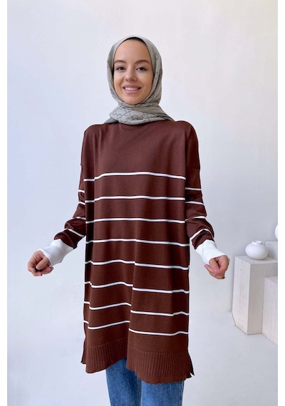 Kahijab Bisiklet Yaka Çizgili Merserize Tunik - Kahverengi