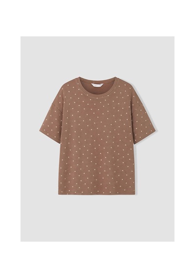 Lcw Dream Kahverengi Bisiklet Yaka Desenli Kadın Kaprili Pijama Takımı